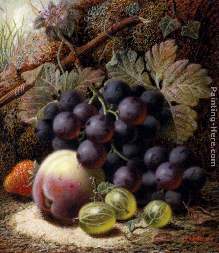 Oliver Clare Still Life with Black Grapes, a Strawberry, a Peach and Gooseberries on a Mossy Bank